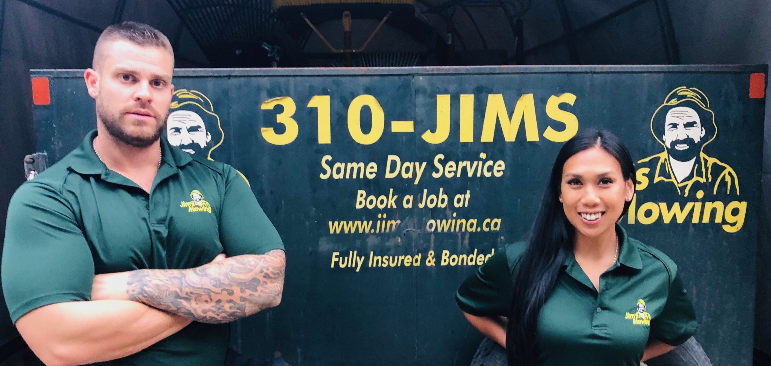 Annabelle Ilano And Will Nezezon our Jim’s Mowing franchisee in Maple Ridge in front of his trailer Annabelle Ilano And Will Nezezon our Jim’s Mowing franchisee in Maple Ridge in front of his trailer