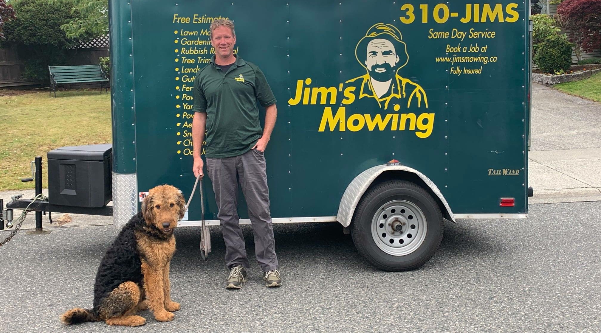 Michael Linder our Jim’s Mowing franchisee in Nanaimo in front of trailer Michael Linder our Jim’s Mowing franchisee in Nanaimo in front of trailer