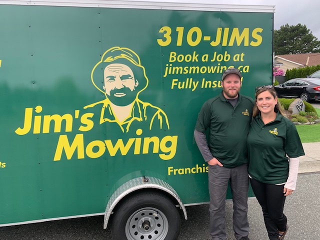 Steve and Gillian Campbell our Jim’s Mowing franchisee in Nanaimo, South Parksville and Nanoose in front of trailer Steve and Gillian Campbell our Jim’s Mowing franchisee in Nanaimo, South Parksville and Nanoose in front of trailer