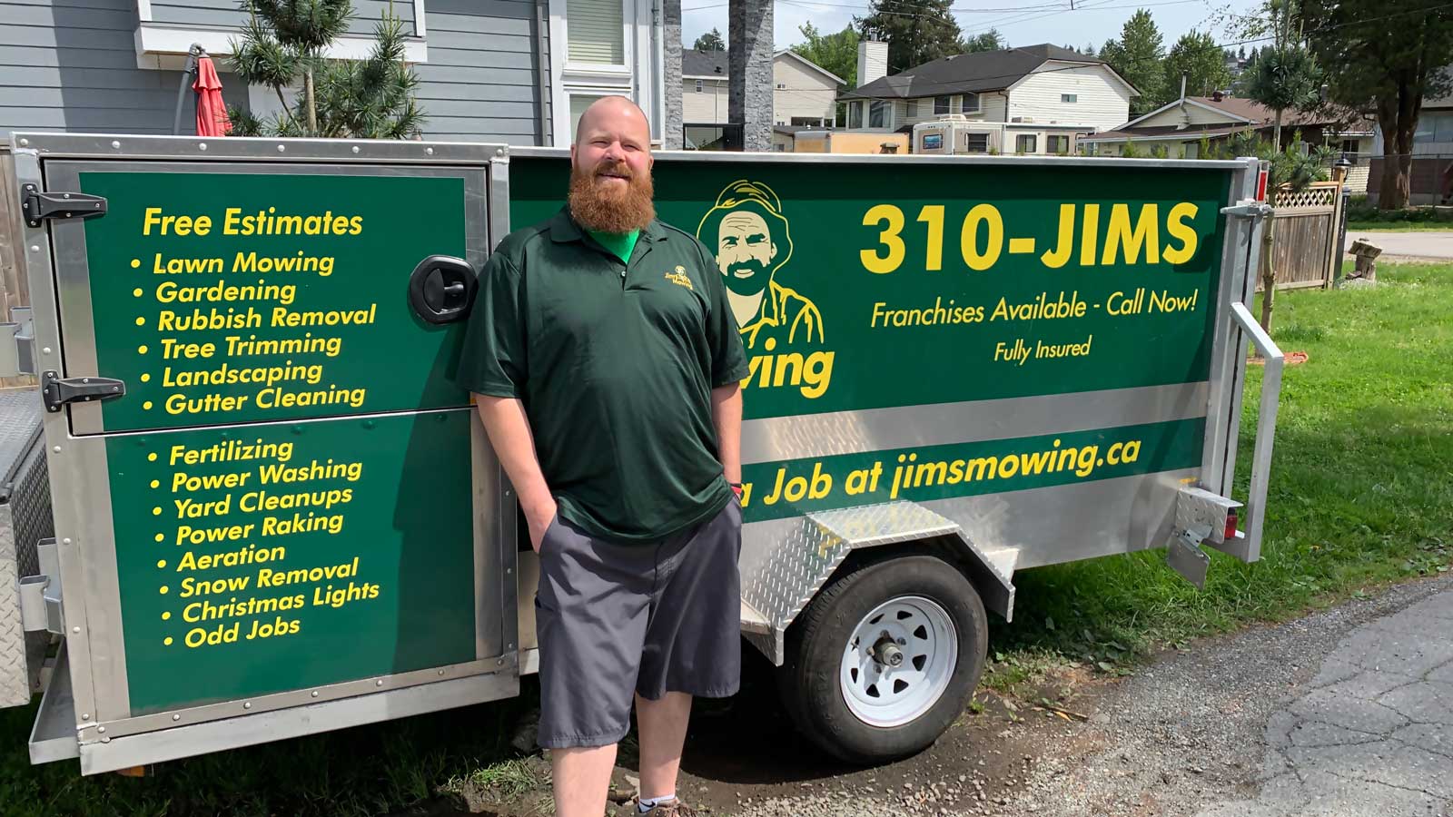 Chris Thomsen our Jim’s Mowing franchisee in Abbotsford in front of trailer Chris Thomsen our Jim’s Mowing franchisee in Abbotsford in front of trailer