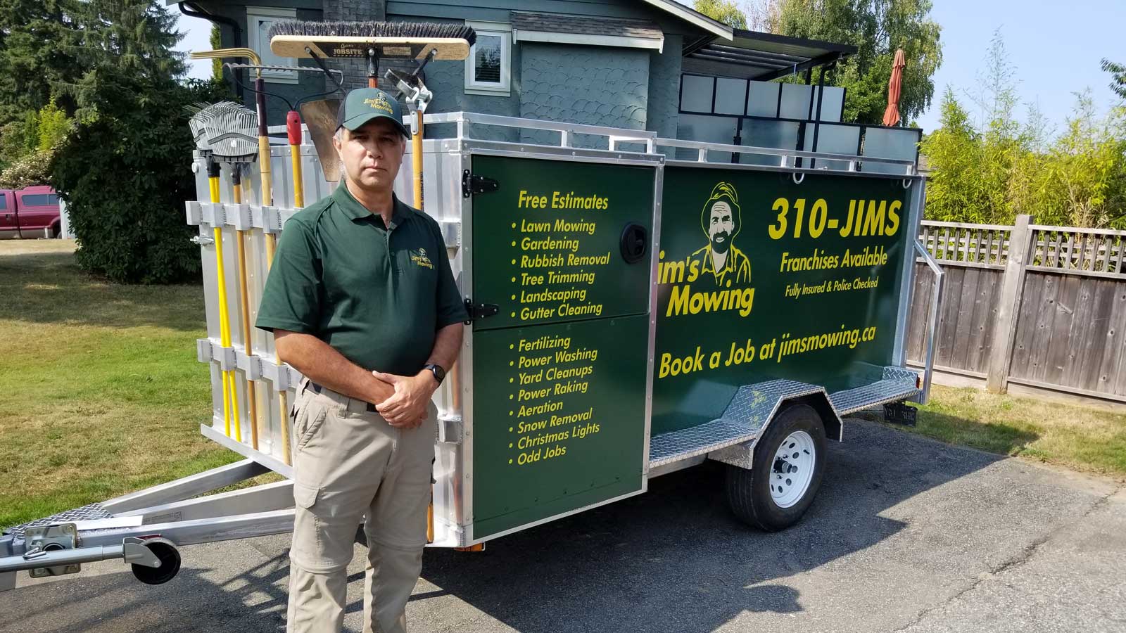 Antonio Hurtado-Coll our Jim’s Mowing franchisee in North Delta and Surrey in front of trailer Antonio Hurtado-Coll our Jim’s Mowing franchisee in North Delta and Surrey in front of trailer