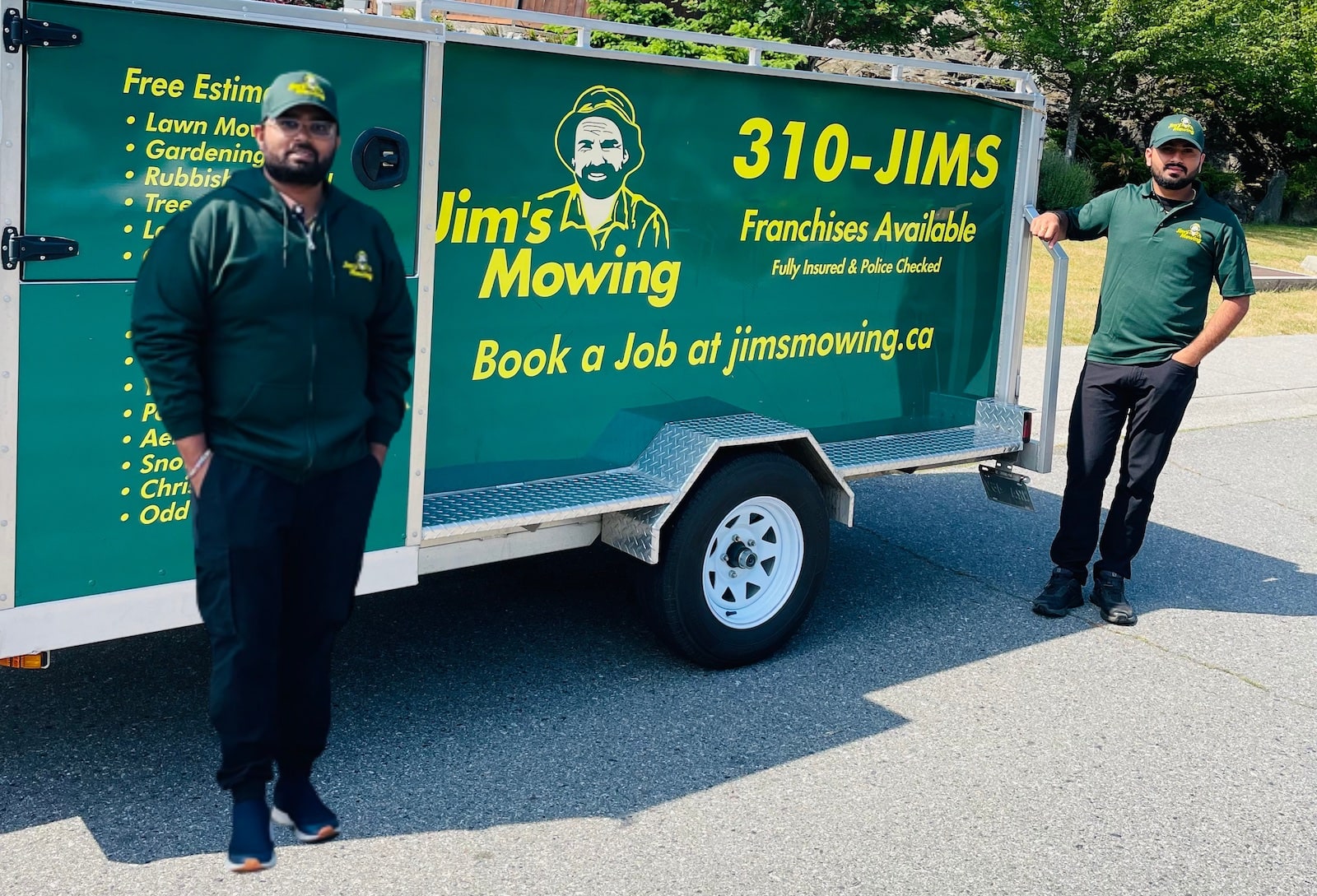 Bharat Bharat and Rajeev Penke our Jim’s Mowing franchisee in Nanaimo in front of trailer Bharat Bharat and Rajeev Penke our Jim’s Mowing franchisee in Nanaimo in front of trailer