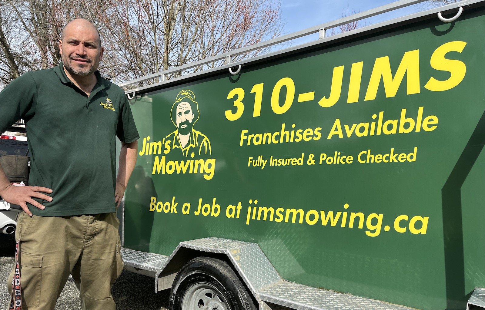 Jason Marcano our Jim’s Mowing franchisee in Kamloops in front of trailer Jason Marcano our Jim’s Mowing franchisee in Kamloops in front of trailer